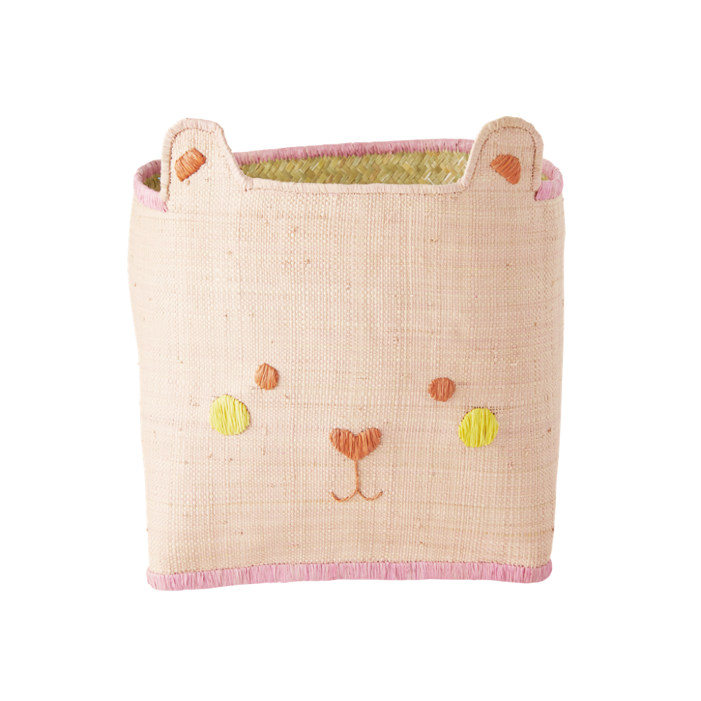 Pink Raffia Storage Basket With Cute Bear Face By Rice DK